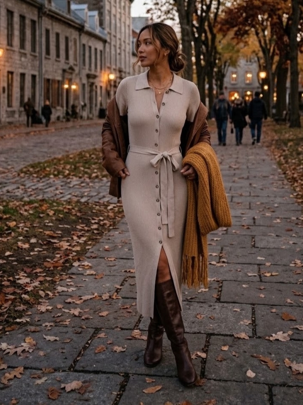 Pink Rose Beige Ribbed Button-Front Tie-Waist Midi Dress